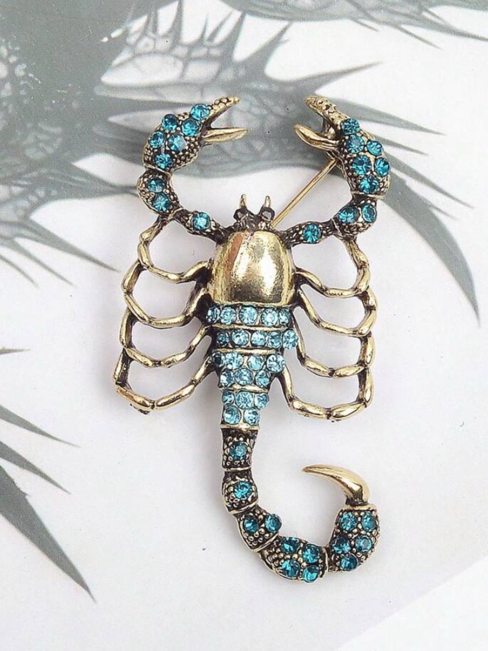 Gold Scorpion Brooch with Aqua Blue Crystals - Women Jewelry